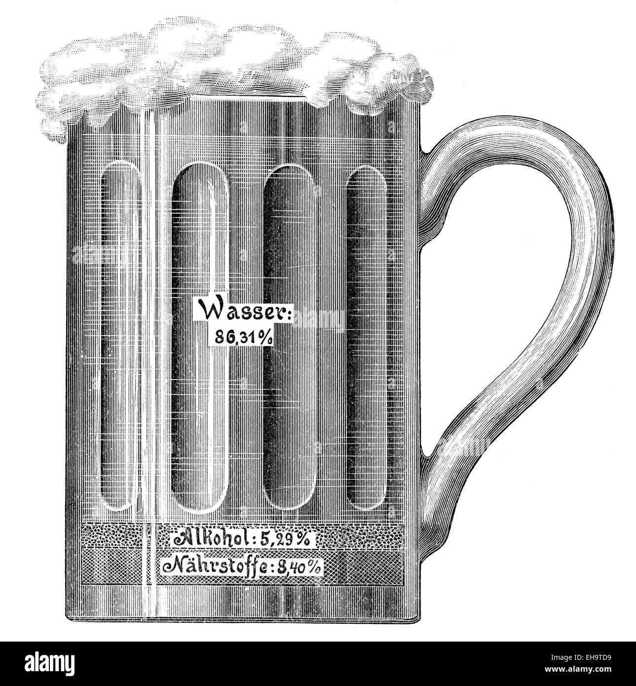 Ingredienti, un bicchiere di birra tedesca, consigliere per la salute, secolo XIX, Foto Stock