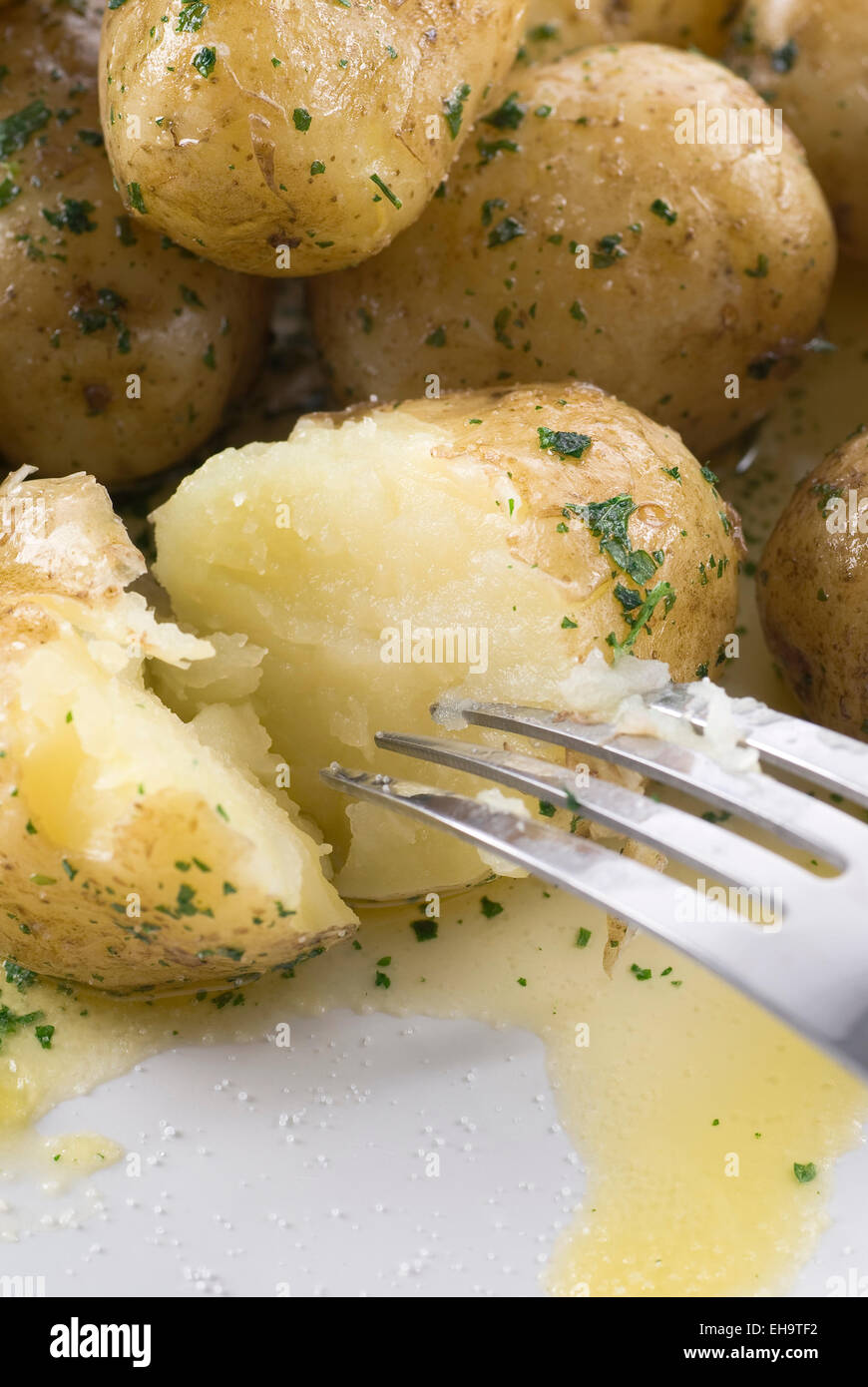 Nuovo imburrato di patate con prezzemolo, il burro e il sale. Foto Stock
