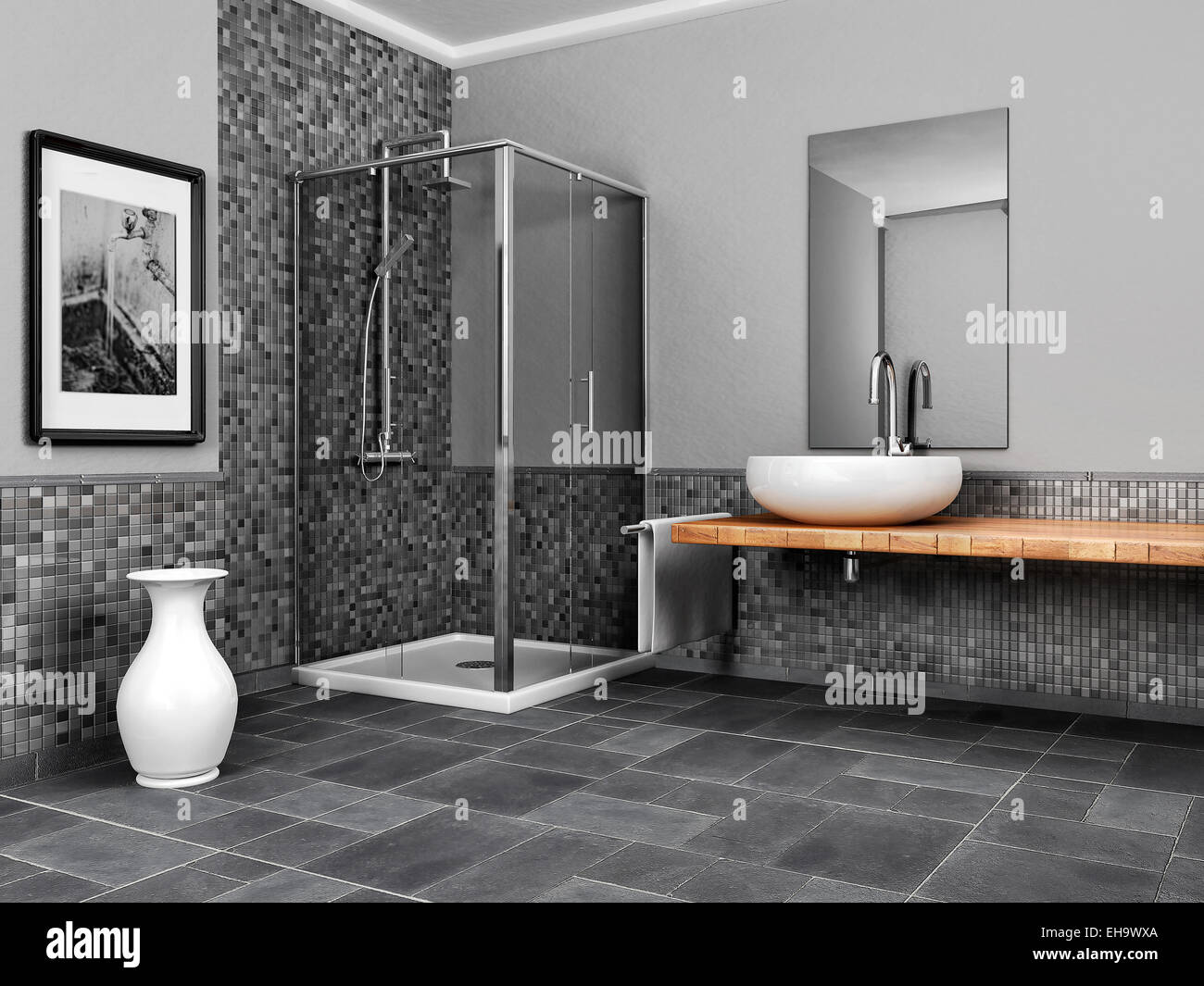 Grande bagno con pietra e mosaico di tonalità di grigio Foto stock - Alamy