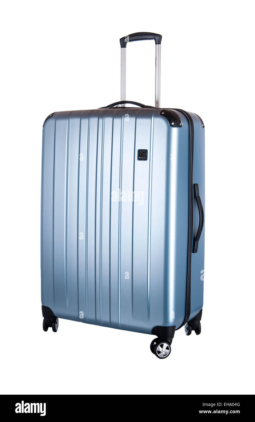 Disco blu valigia su uno sfondo bianco Foto Stock