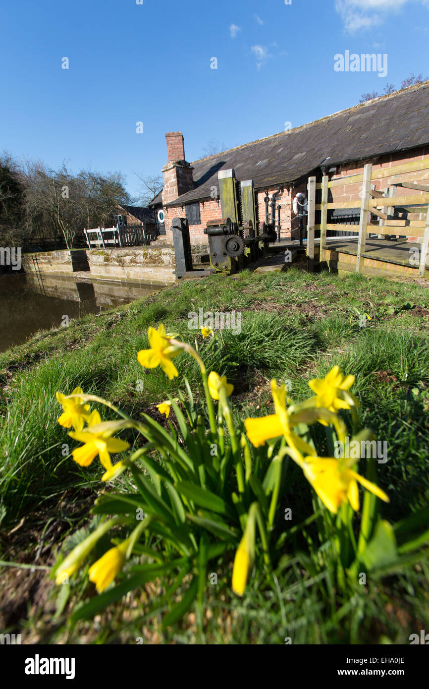 Villaggio di Stretton, Cheshire, Inghilterra. Molla di pittoresca vista della facciata sud di Stretton Watermill. Foto Stock