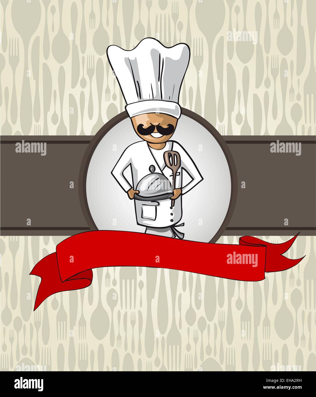Lo Chef uomo cartoon. Disegnata a mano illustrazione per menu design su argenteria sfondo texture. File vettoriale. Illustrazione Vettoriale