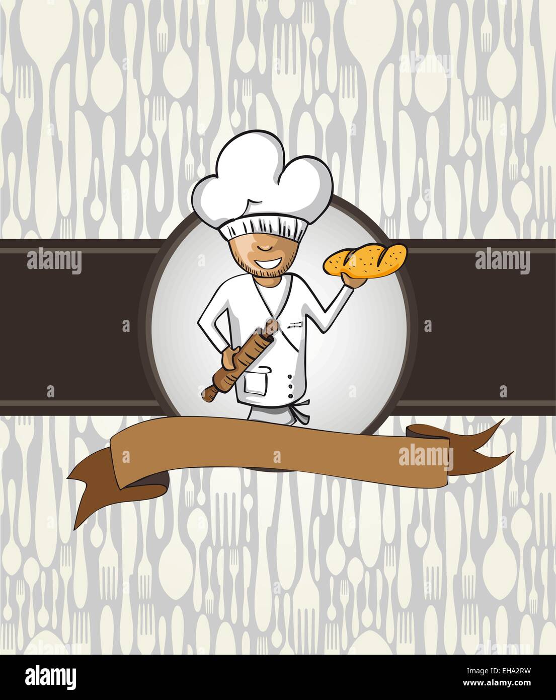 Baker chef cartoon badge. Disegnata a mano illustrazione per menu design. File vettoriale. Illustrazione Vettoriale