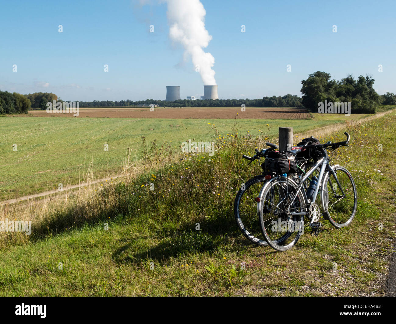 Torri di raffreddamento a Milano Centrale Electrique de St Laurent des Eaux dall'alzaia vicino Mer, La Loire, Francia Foto Stock
