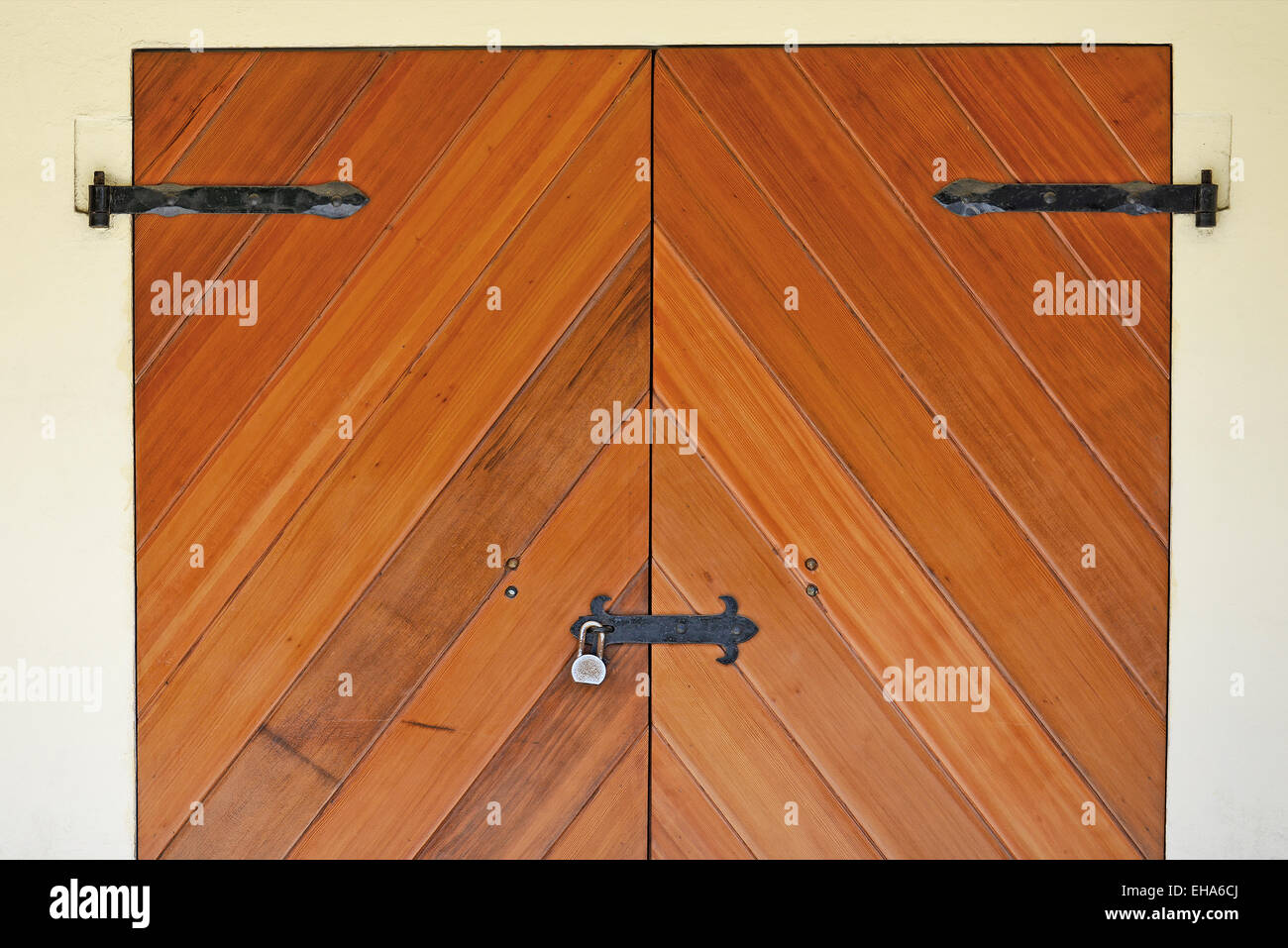 Il legno vecchio porta chiusa con cerniere in metallo e bloccare Foto Stock