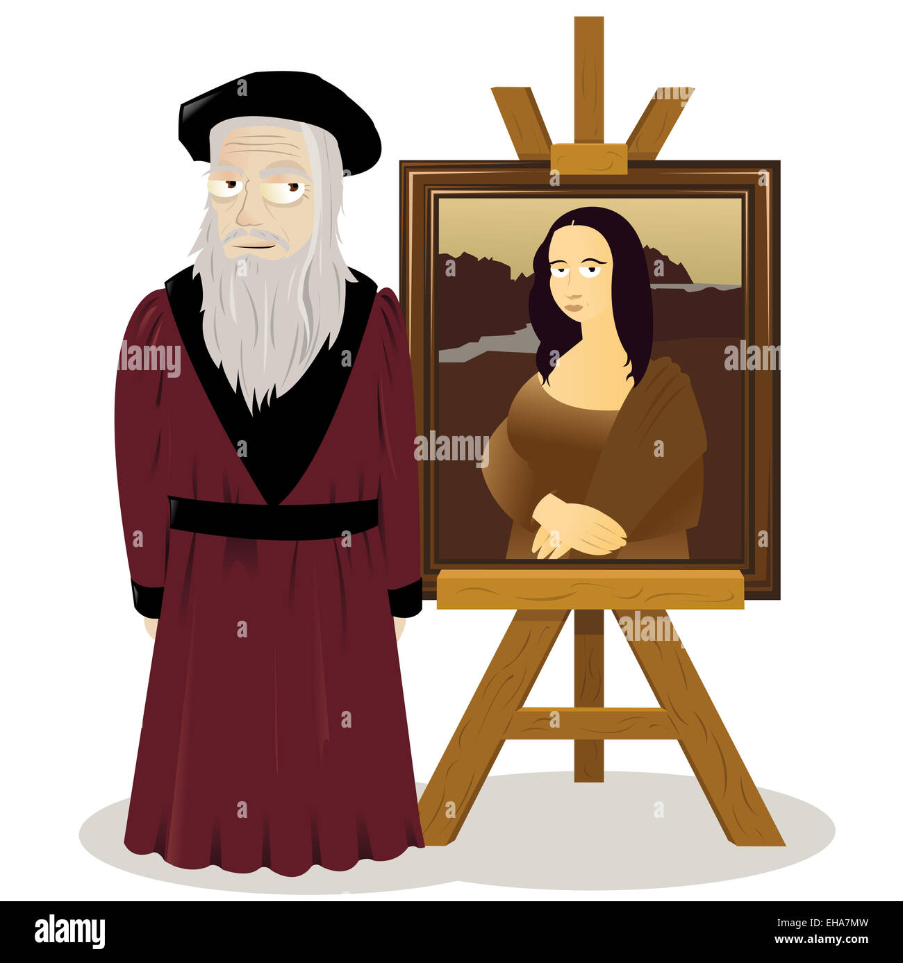 Un vettore cartoon che rappresenta un cavalletto con una Monalisa e Leonardo Da Vinci Foto Stock