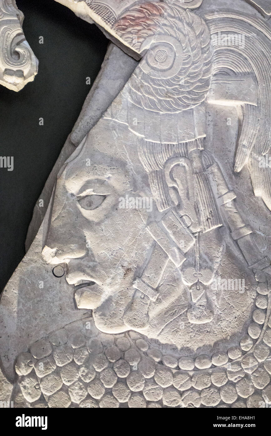 Dettaglio bassorilievo profilo righello Maya Ahkal Mo' Nahb' INDOSSARE COPRICAPO con immagine del macaw (mo) museo archeologico di Palenque Foto Stock