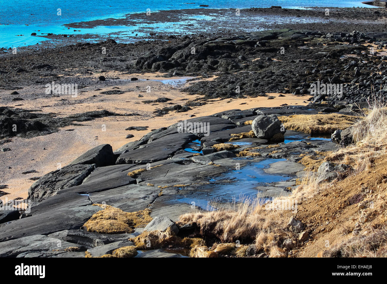 Si tratta di una spiaggia rocciosa a Reykjavik, Islanda Foto Stock