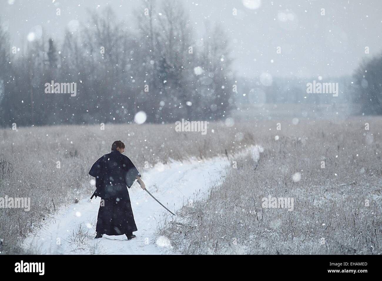 Concetto del modo in cui la filosofia orientale, il monaco samurai in campo invernale Foto Stock