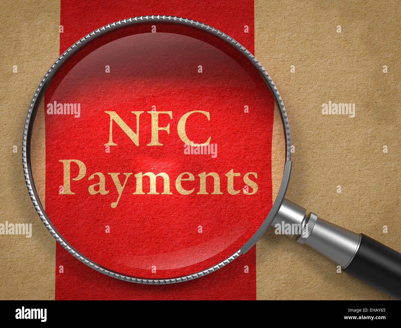 NFC pagamenti attraverso la lente di ingrandimento su carta vecchia con la linea rossa verticale. Foto Stock