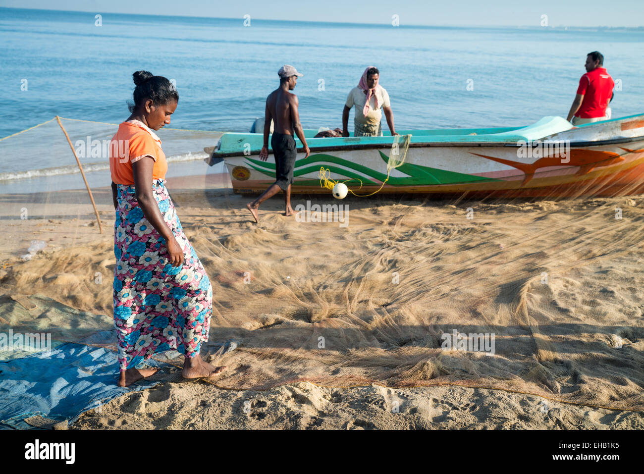 La lavorazione del pesce sulla spiaggia presso il mercato del pesce di Negombo, Sri Lanka, Asia Foto Stock