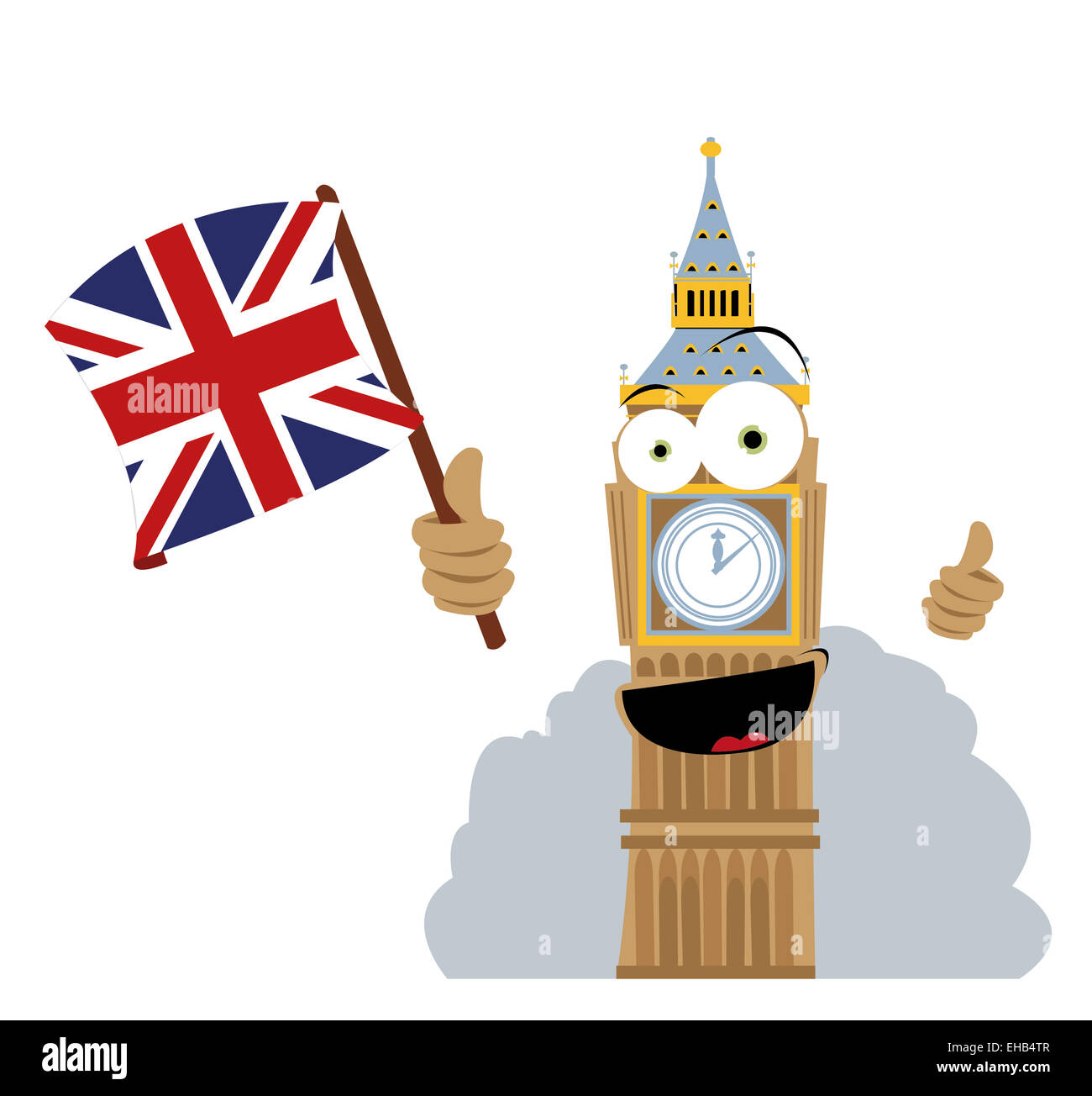 Un vettore cartoon che rappresenta un divertente Big mendicare tenendo una bandiera inglese Foto Stock