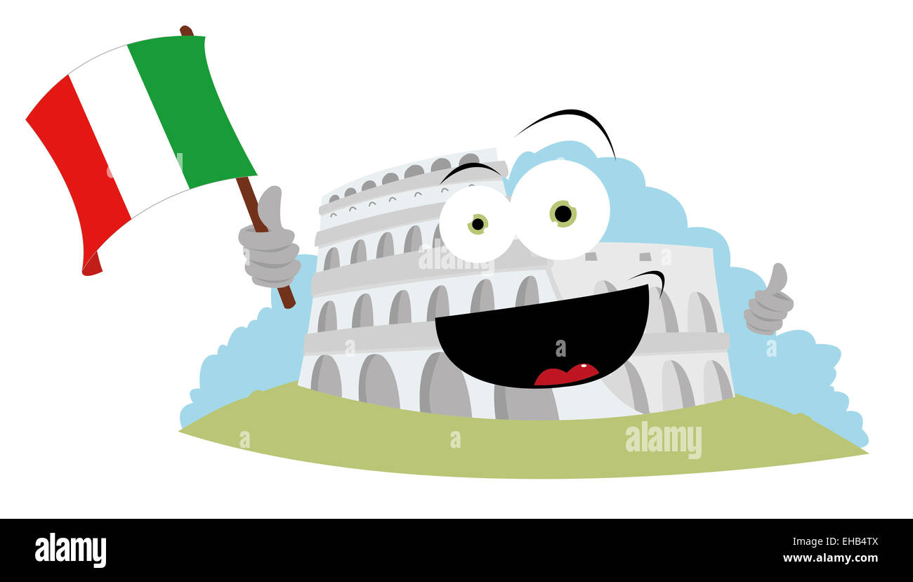 Un vettore cartoon che rappresenta un divertente Colosseo tenendo una bandiera italiana e sorridente Foto Stock