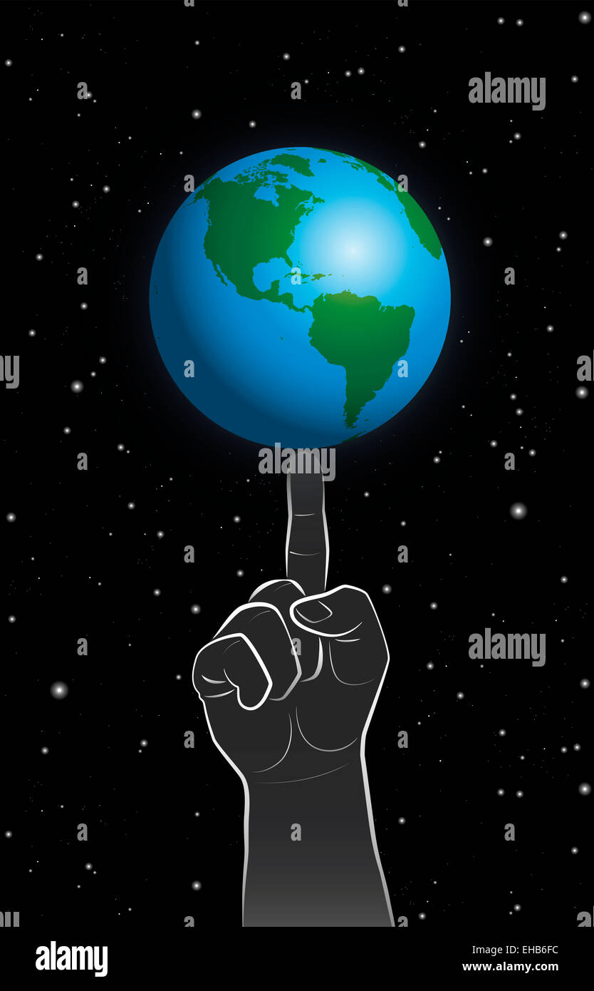 Un gigante dito controlla il pianeta terra, un simbolo di Dio o godlike comportamento. Foto Stock