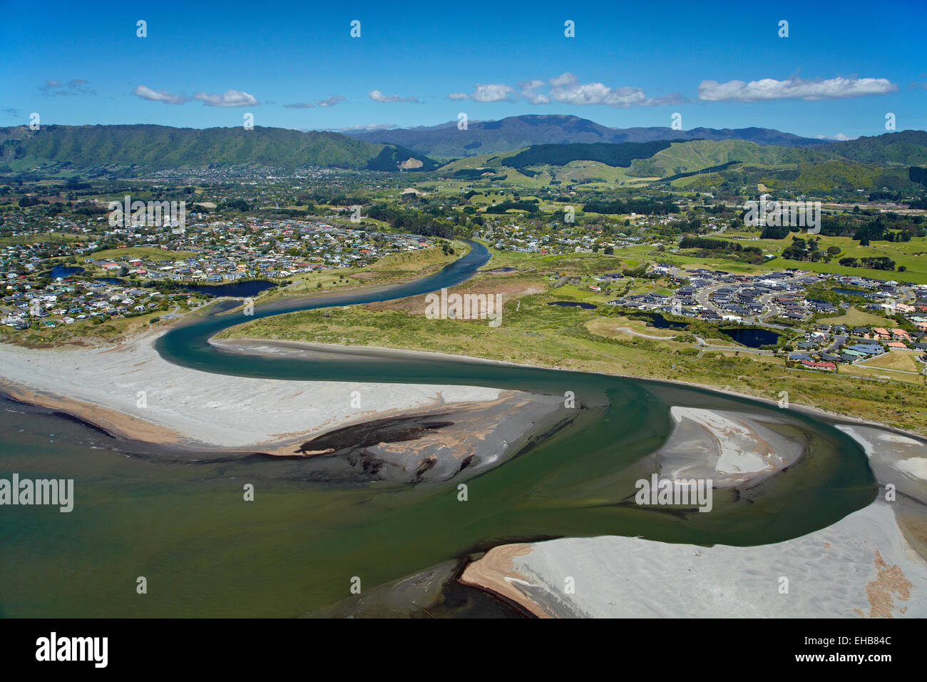 Waikanae Foce, la Costa di Kapiti, regione di Wellington, Isola del nord, Nuova Zelanda - aerial Foto Stock