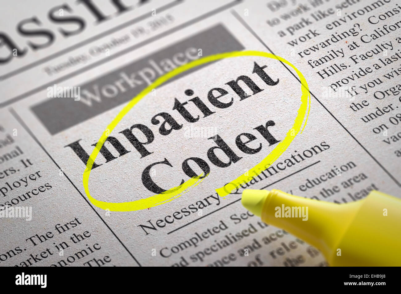 Inpatient Coder vacante nel giornale. Ricerca di lavoro concetto. Foto Stock