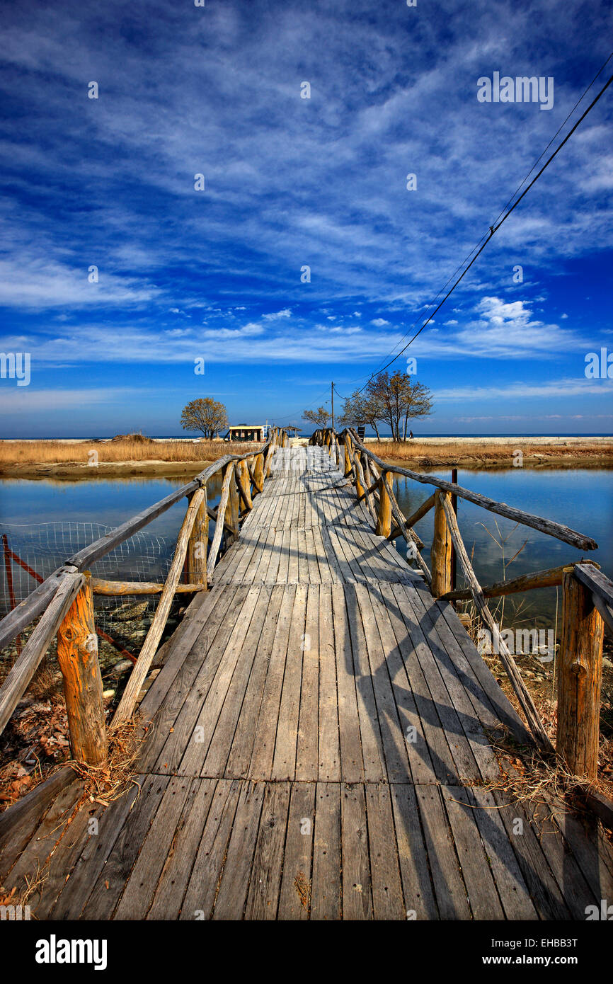 Ponte di legno al delta del fiume Pineios, villaggio Grecia STOMIO, LARISSA, Tessaglia, Grecia. Foto Stock