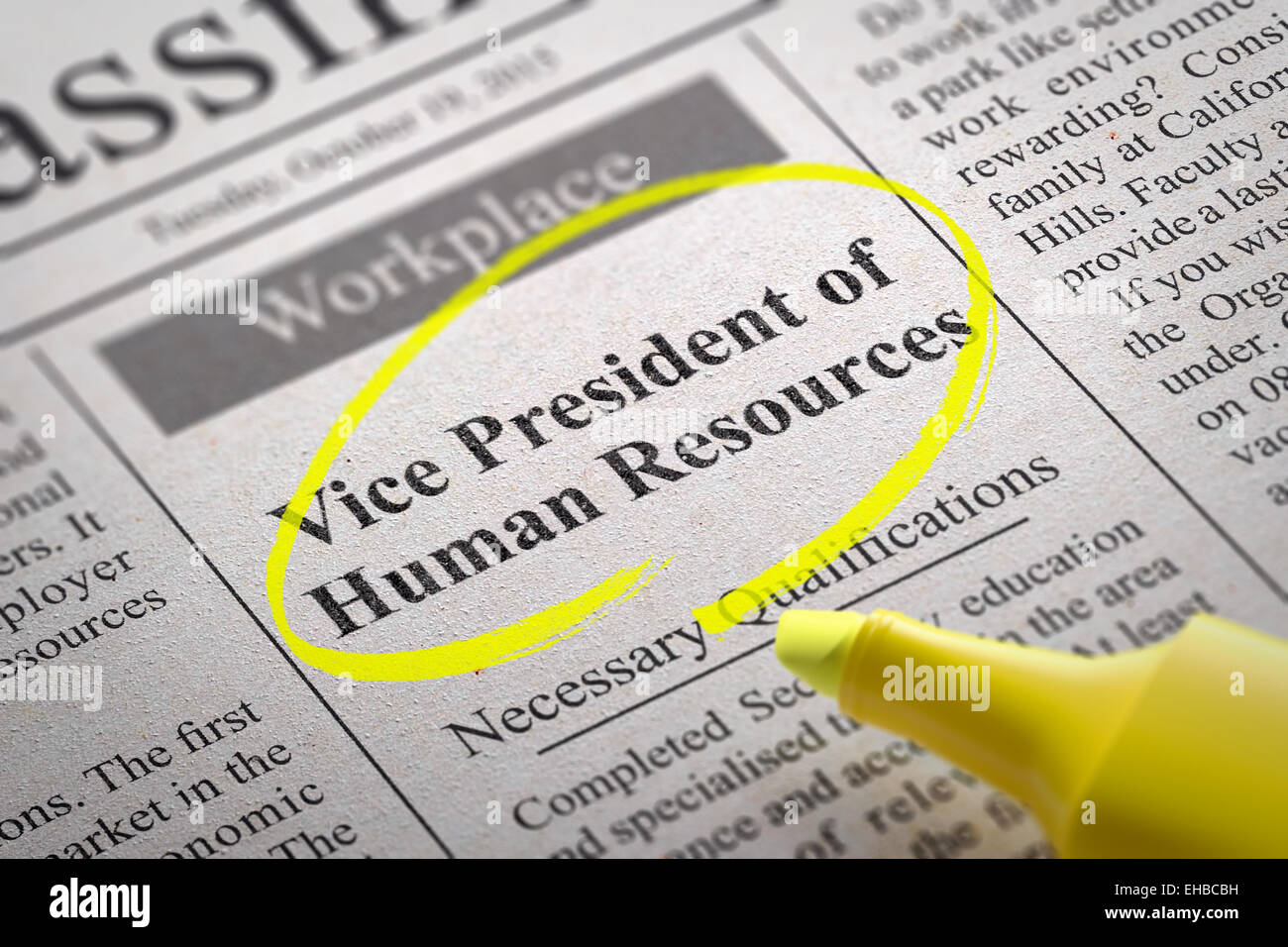 Vice Presidente delle Risorse Umane vacante nel giornale. Ricerca di lavoro concetto. Foto Stock