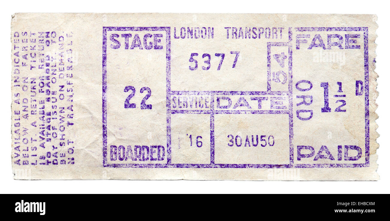 Vecchio 1950 London Bus Ticket Foto Stock