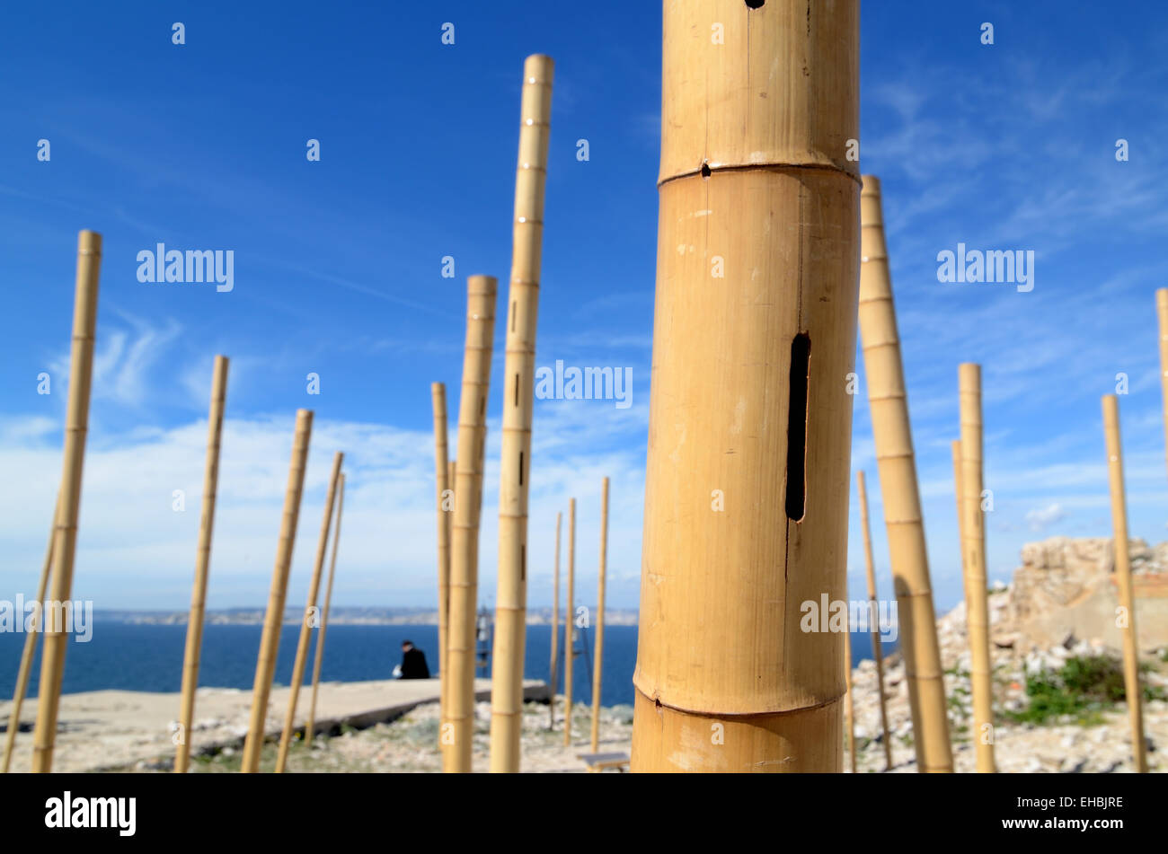 Strumento a fiato Musical poli di bambù o di arte musicale di installazione per catturare il suono del vento Les Goudes Marsiglia Francia Foto Stock