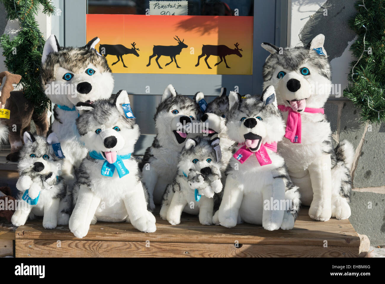 Giocattolo cani husky per la vendita in un negozio di articoli da regalo e  souvenir a Levi in Lapponia Finlandia Foto stock - Alamy