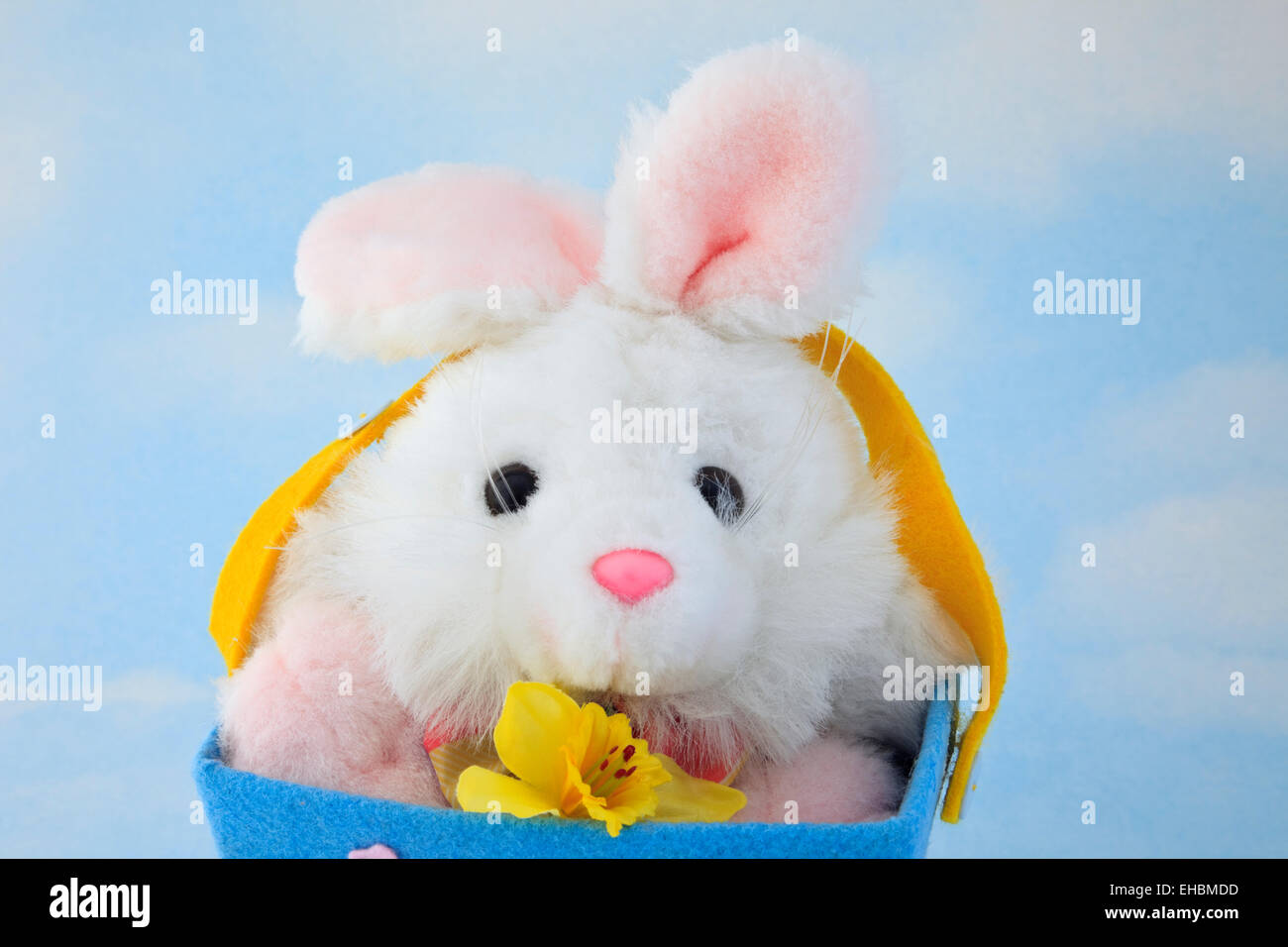 Morbidi coniglietto di pasqua bambino giocattolo in un cesto contro un cielo blu sullo sfondo Foto Stock