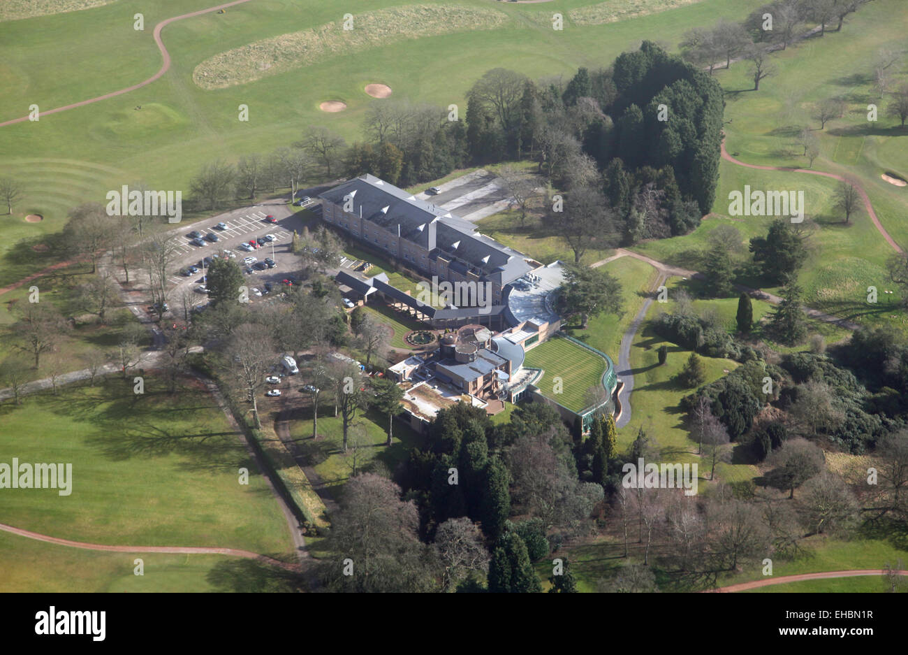 Vista aerea del Macdonald Portal Hotel, Golf & Spa, Tarporley, Cheshire, Regno Unito Foto Stock