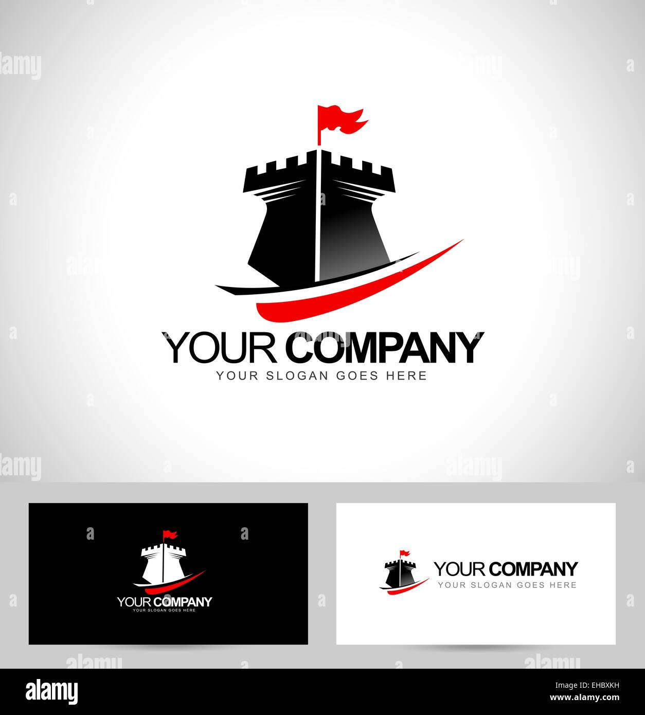 Torre di castello Logo Design. Concetto creativo di un icona a torre con una bandiera sulla sommità. Foto Stock