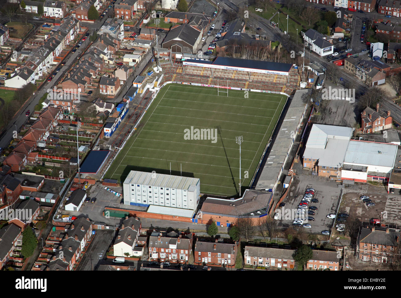 Vista aerea di Wakefield Trinity Wildcats Rugby League Stadium di Belle Vue, Wakefield, Regno Unito Foto Stock