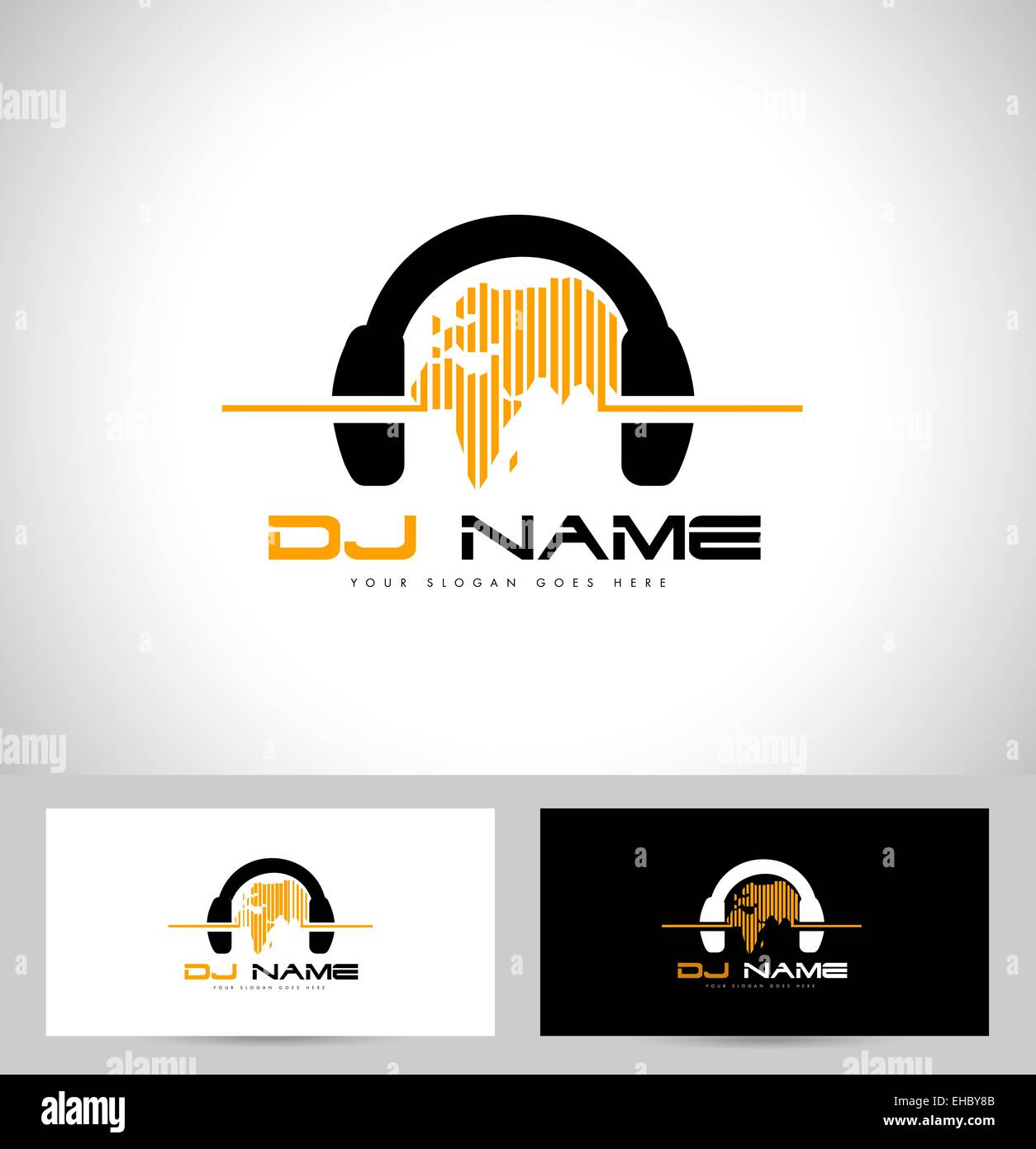 Dj Logo Design. Vettore di Creative logo design con le cuffie e la mappa del mondo. Foto Stock