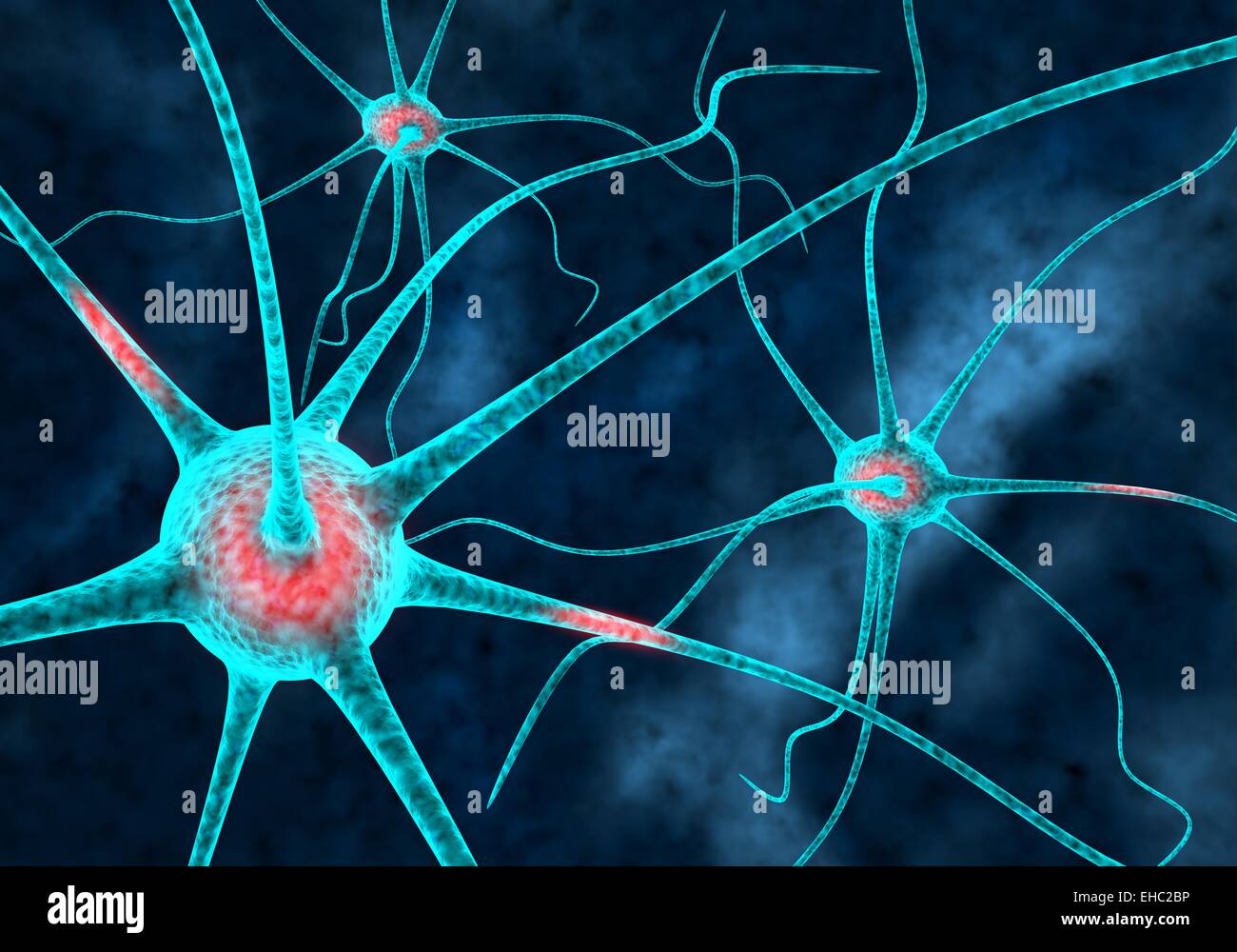 Neuroni del cervello collegato illustrazione con assoni e sfondo scuro Foto Stock