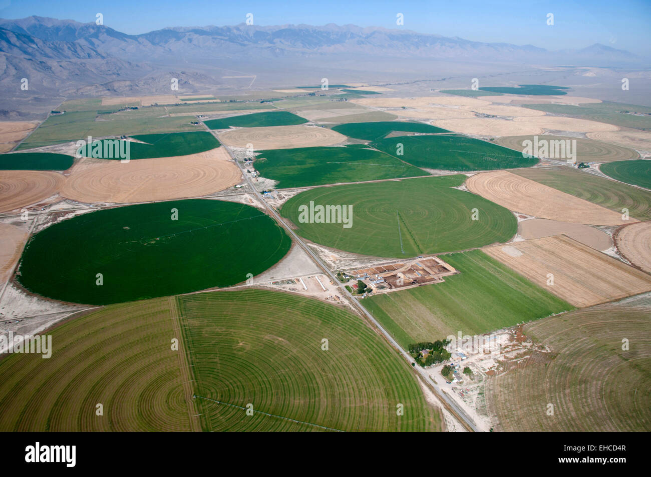 Terre irrigate (articolazione centrale irrigazione di spruzzatore) nella piccola Lost River Valley, Idaho Foto Stock