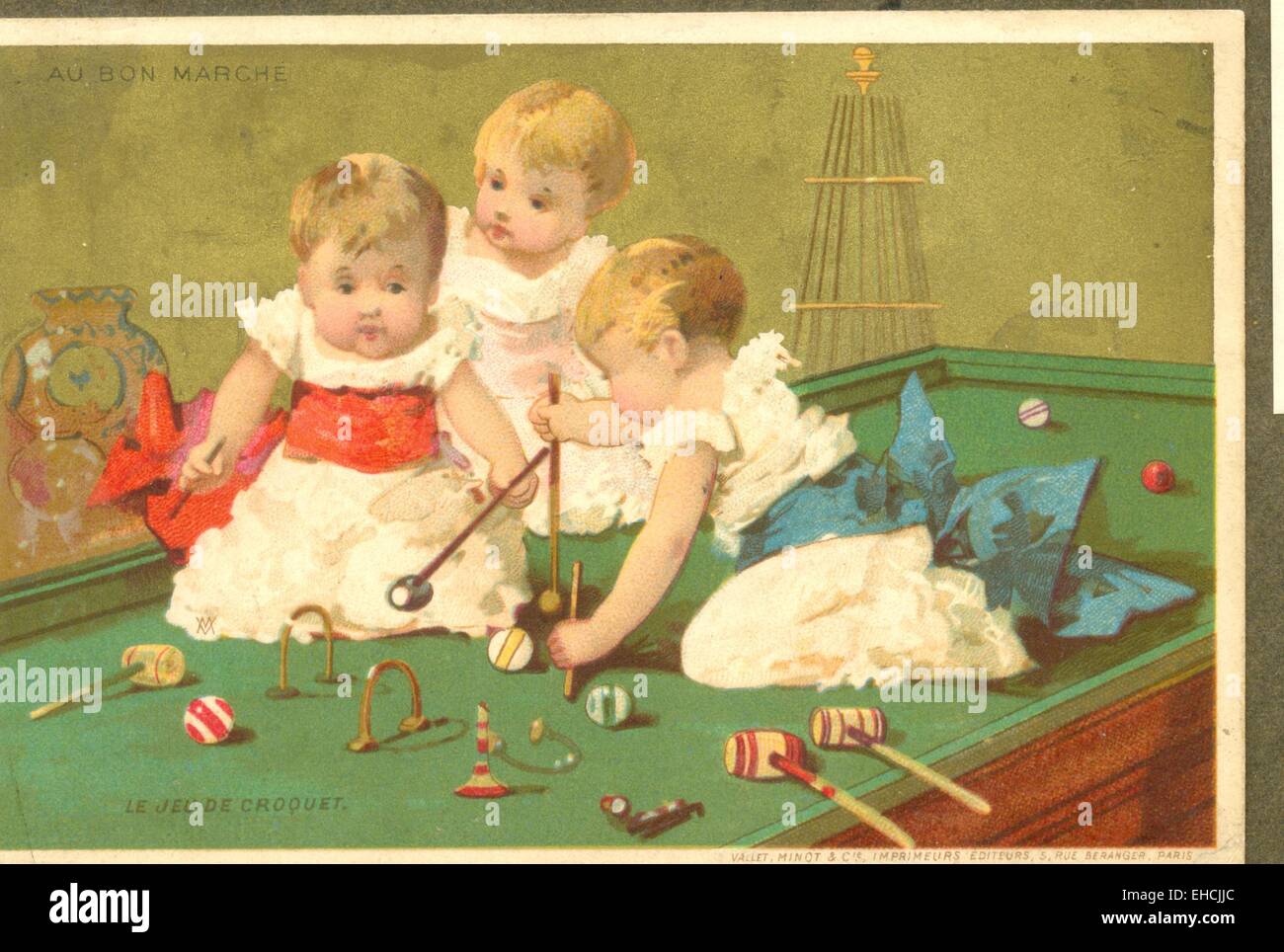 Pubblicità scheda commerciale dal Bon Marche, Parigi, mostrando i bambini giocando tabella croquet Foto Stock