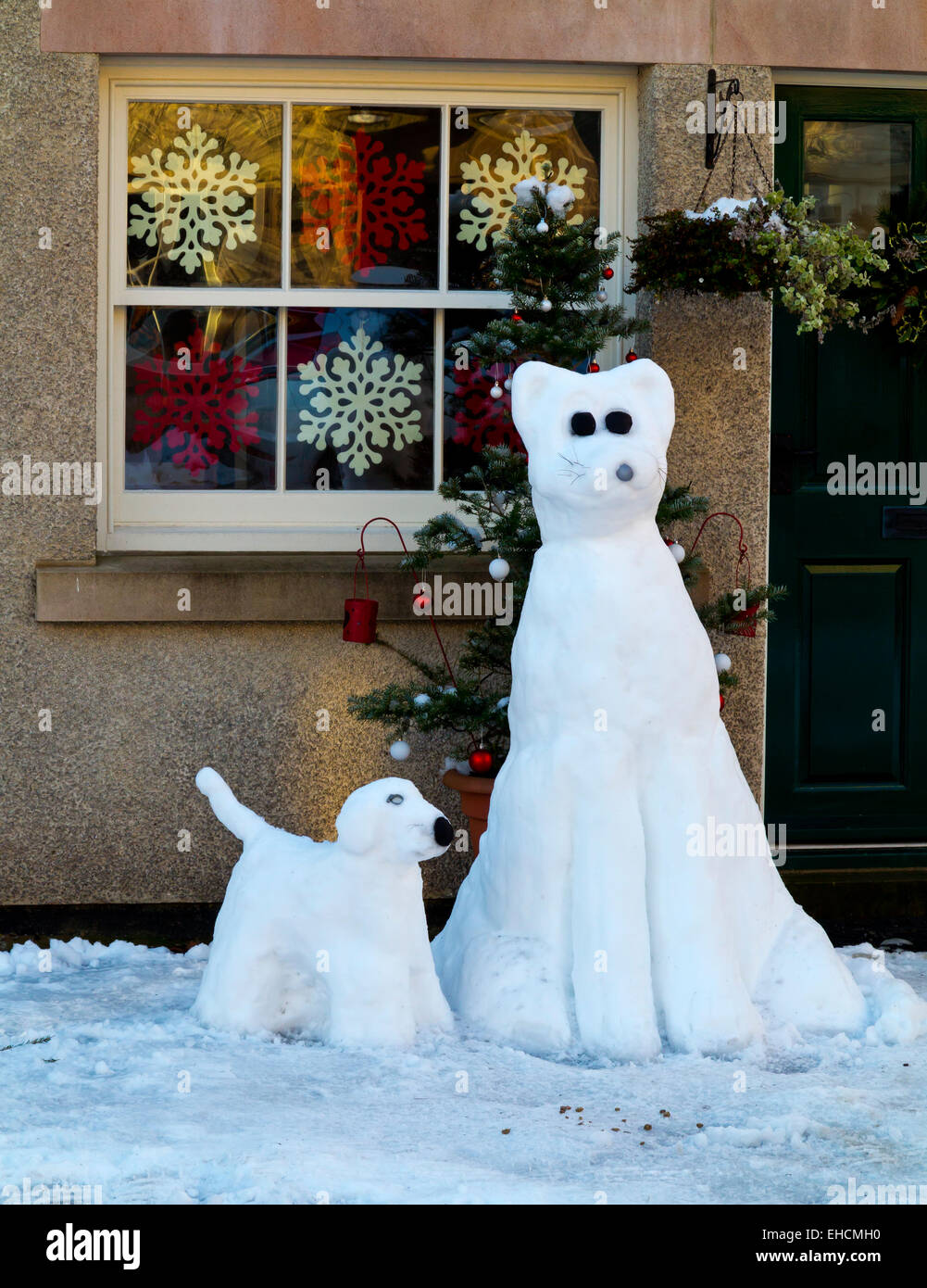 Due cani di neve al di fuori di una casa a tempo di Natale in Bonsall Derbyshire Dales Peak District Inghilterra REGNO UNITO Foto Stock