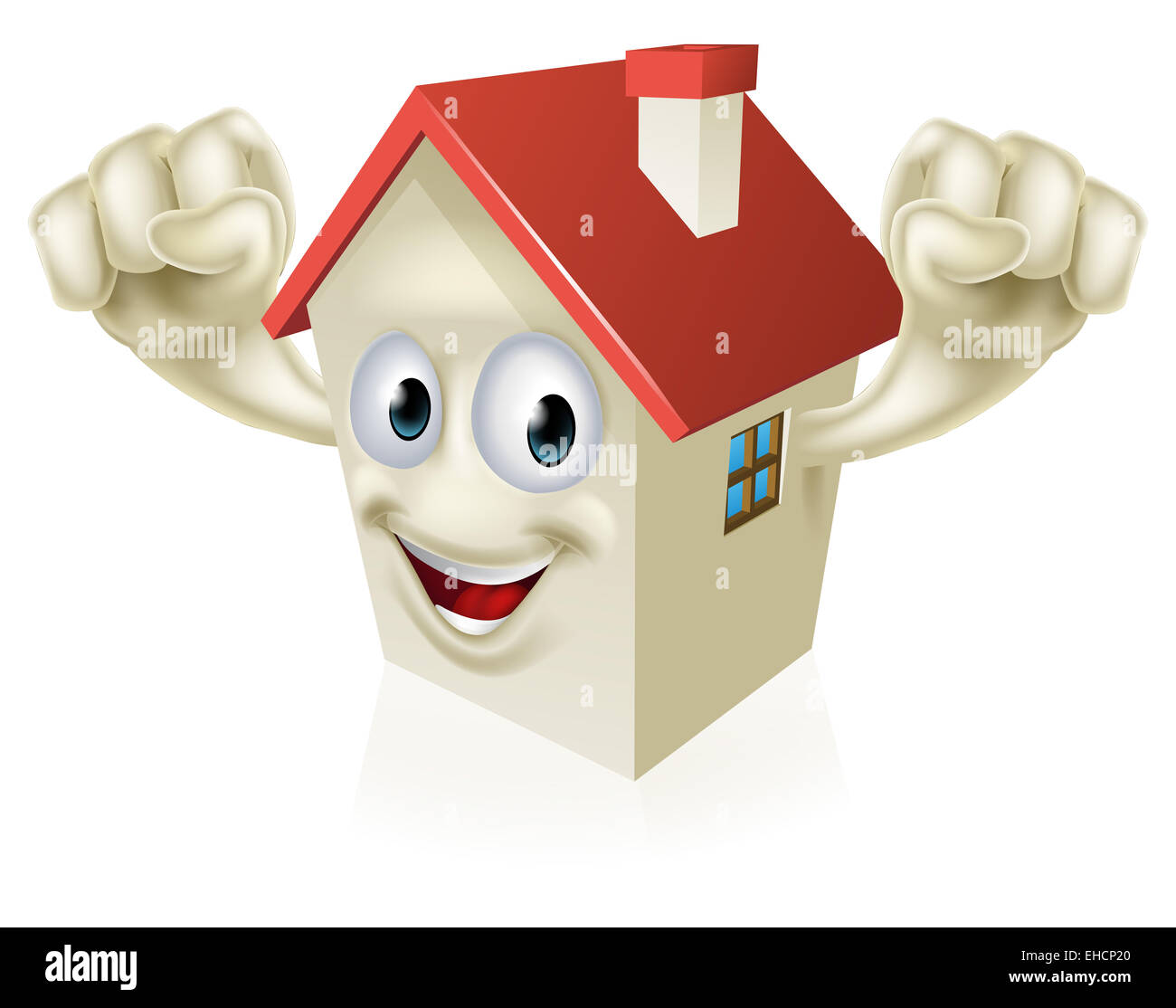 Happy Cartoon Casa carattere mascotte tenendo premuto fino a suon di pugni in gioia Foto Stock