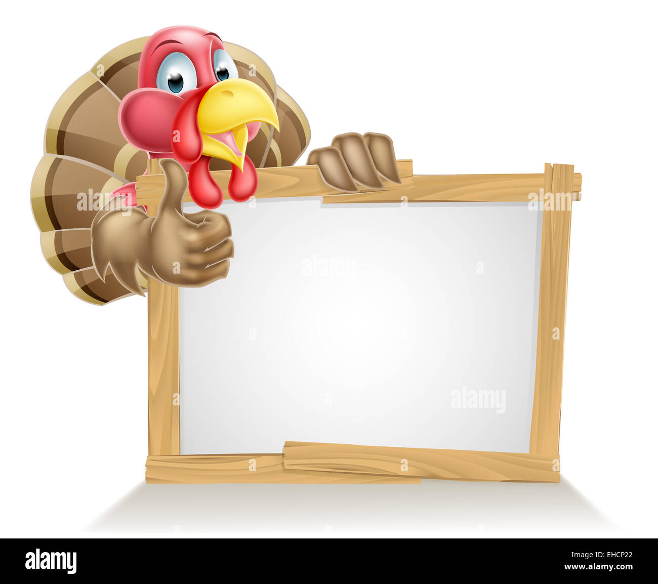 Happy cartoon turchia bird al di sopra di un segno e di dare un pollice in alto Foto Stock
