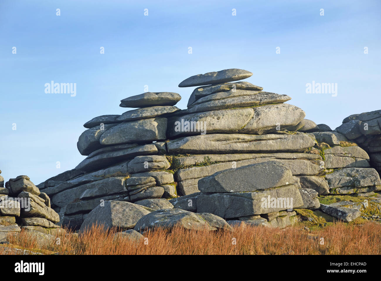 Logan pietra su Roughtor, Bodmin Moor, Cornwall, Regno Unito Foto Stock