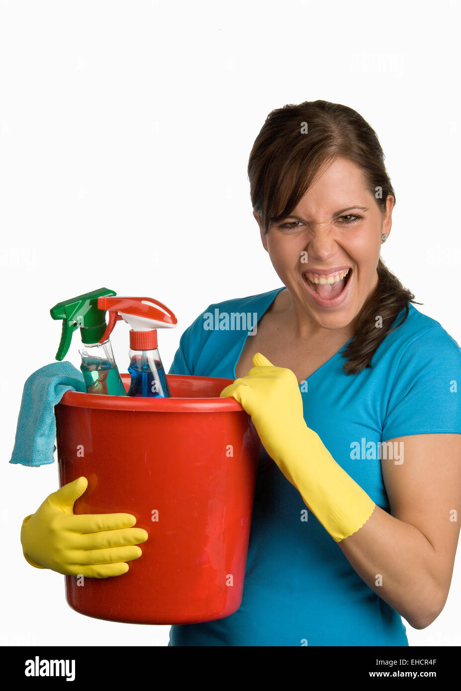 Donna con prodotti per la pulizia Foto Stock