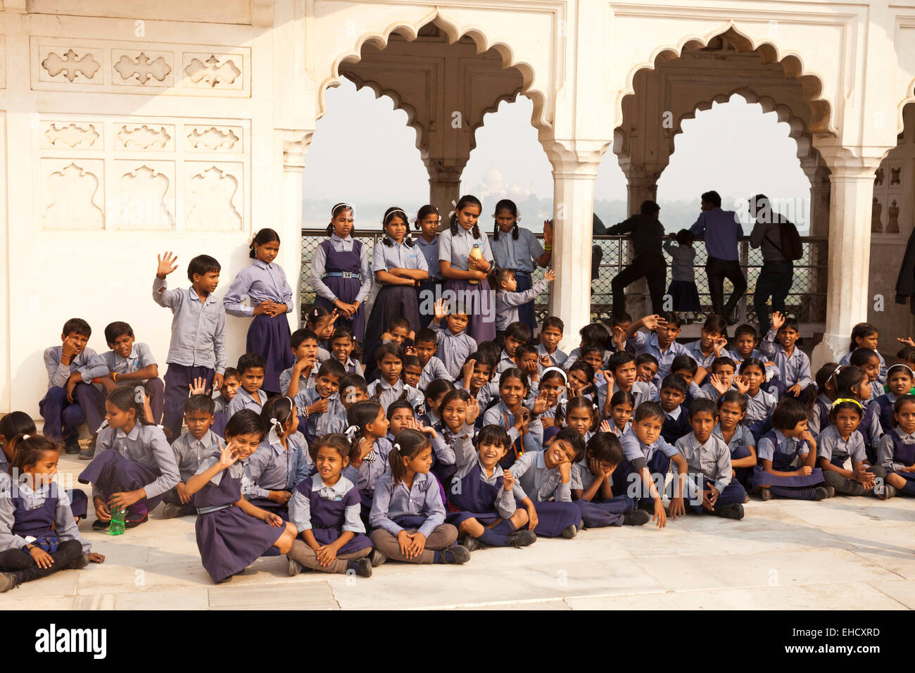 Classe scolastica presso il Red Fort di Agra, Uttar Pradesh, India, Foto Stock