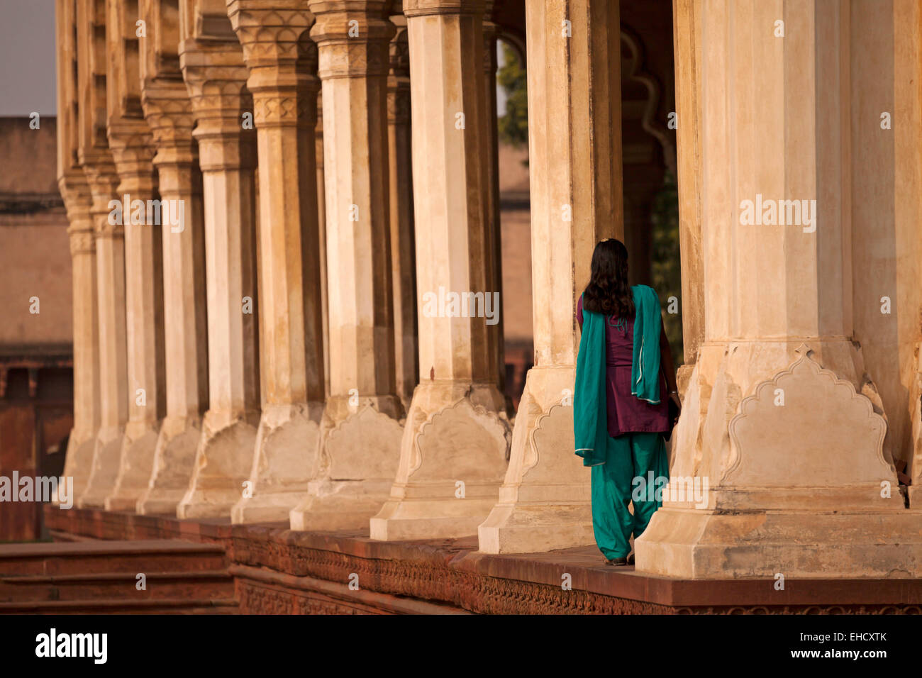 Sala Colonne del Forte Rosso di Agra, Uttar Pradesh, India, Foto Stock