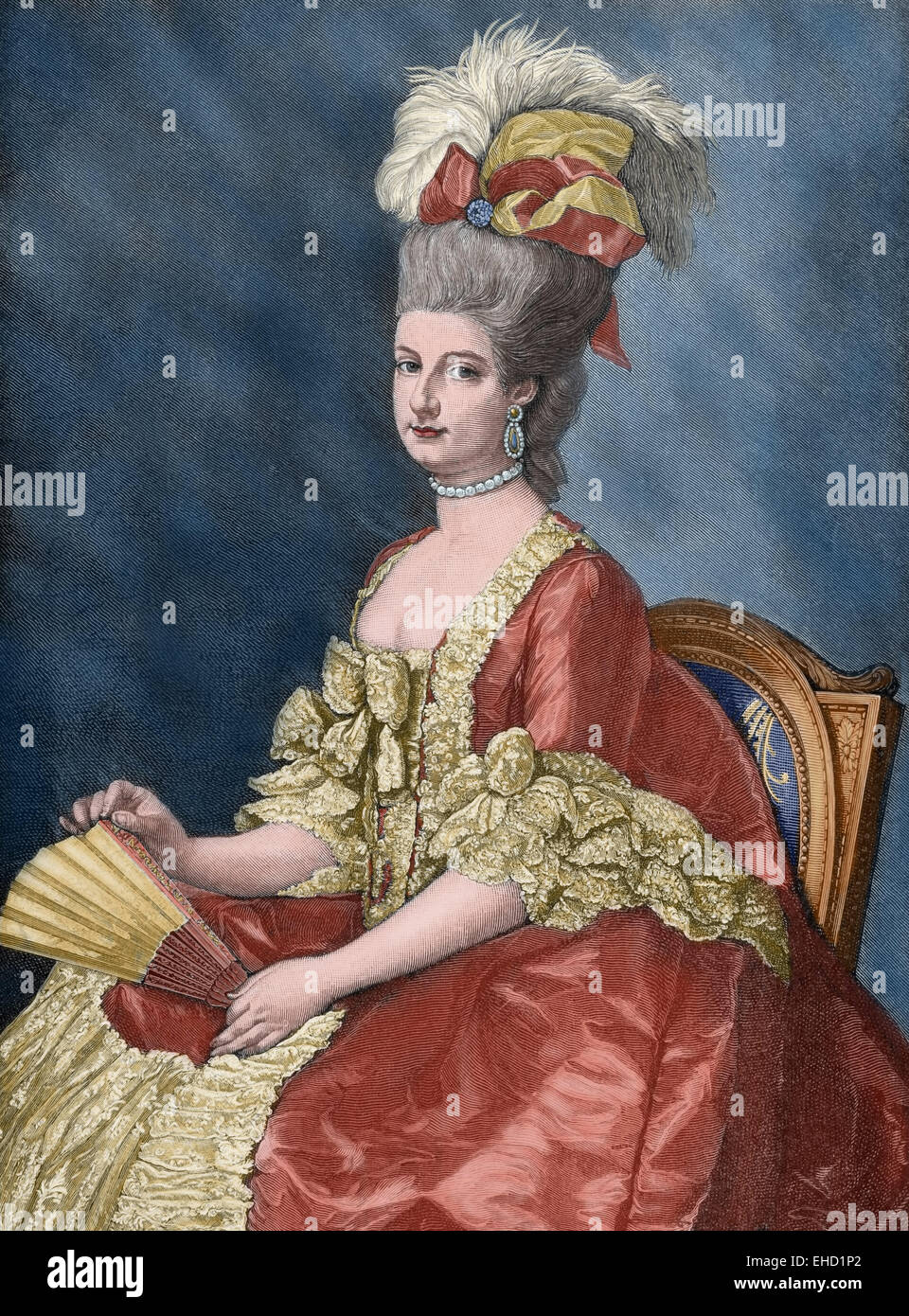 Maria Cristina, duchessa di Teschen (1742-1798), denominato "imi', era il governatore dei Paesi Bassi Austriaci dal 1781 fino al 1793. Ritratto. Incisione in "Historia universale", 1885. Colorati. Foto Stock