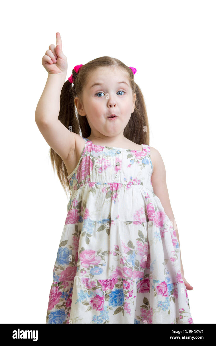 Emotional kid girl punti un dito Foto Stock