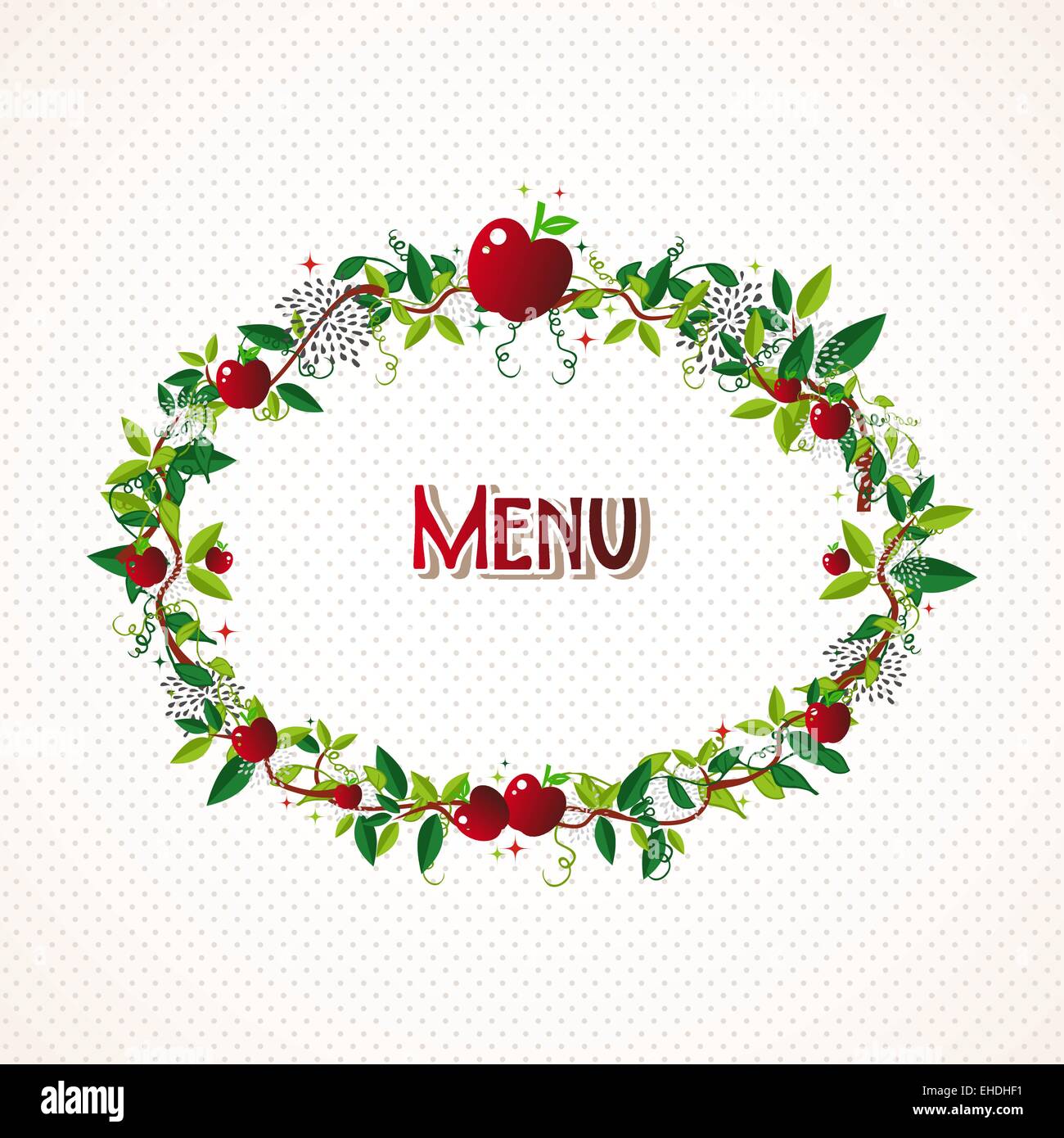 Mela Rossa ghirlanda alimentare design illustrazione. Ideale per il menu del ristorante, la copertina del libro e della stampa. EPS10 file vettoriale. Illustrazione Vettoriale
