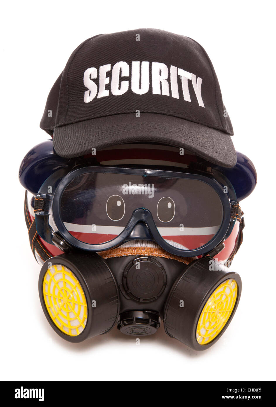 Salvadanaio indossando maschera a gas e di sicurezza hat intaglio Foto Stock