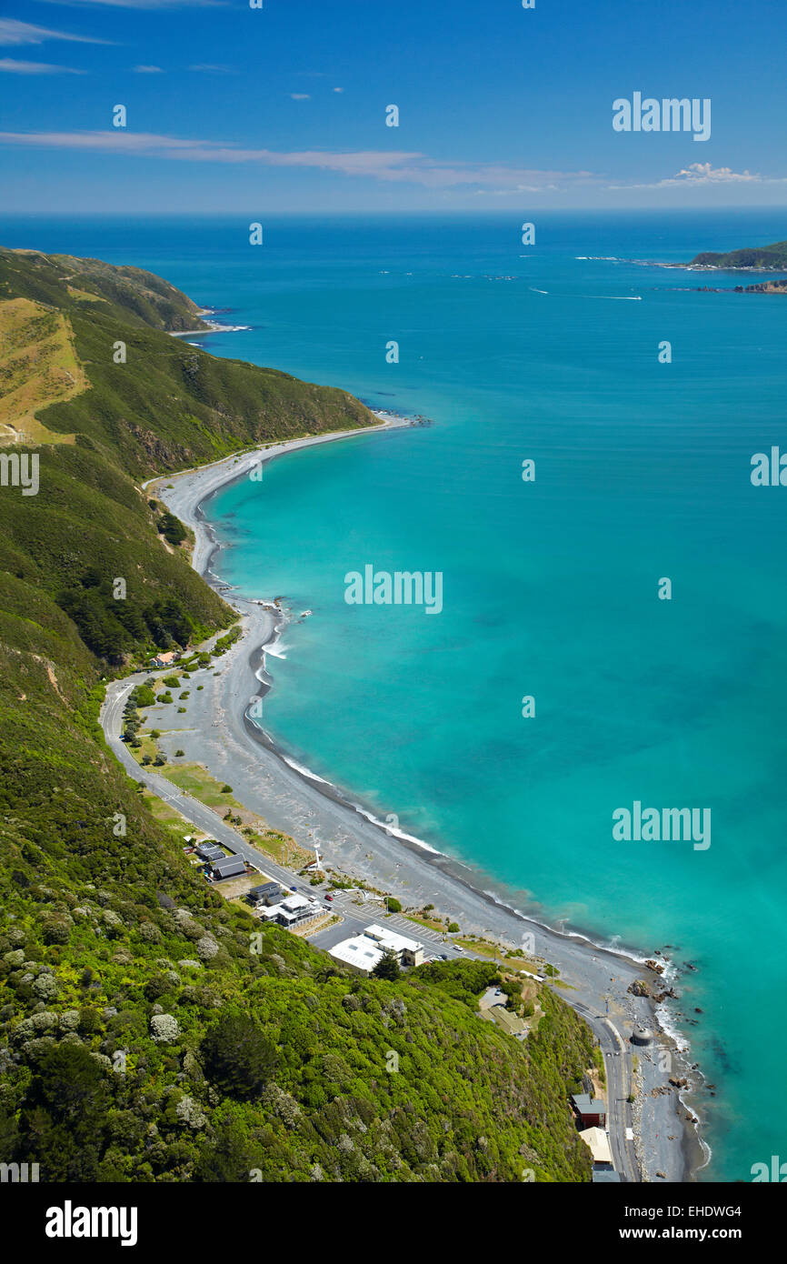 Litorale vicino a Eastbourne, e ingresso al Porto di Wellington, Wellington, Isola del nord, Nuova Zelanda - aerial Foto Stock