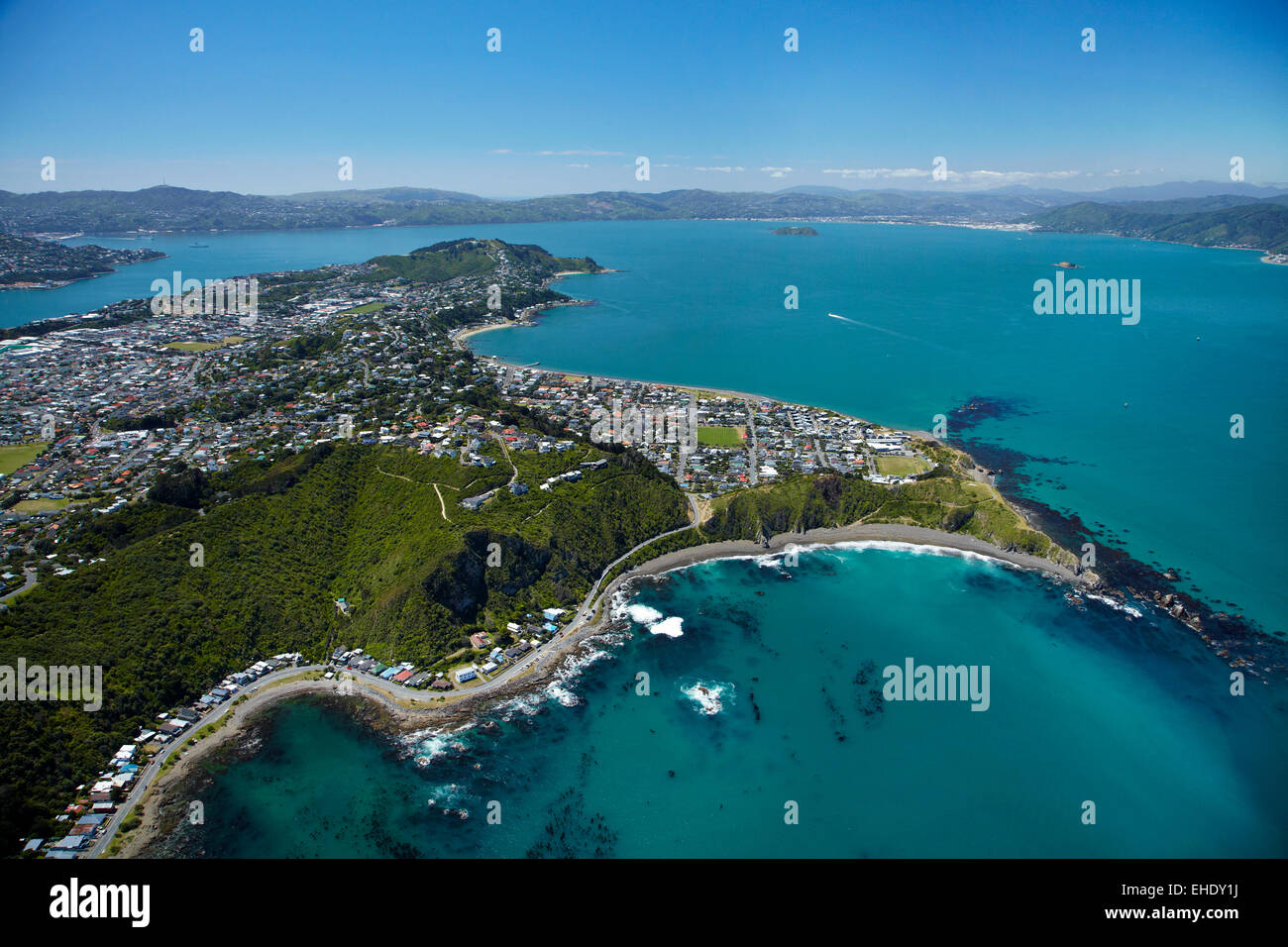 Breaker Bay e Seatoun, Porto di Wellington, Wellington, Isola del nord, Nuova Zelanda - aerial Foto Stock