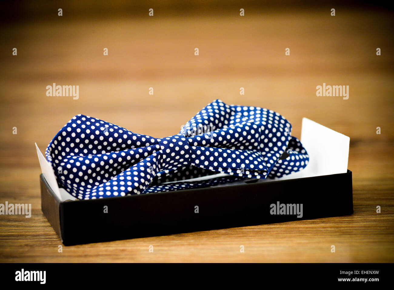 Blue bow tie con puntini bianchi collocato nel supporto Foto Stock