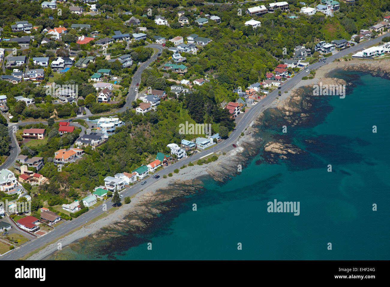 E Plimmerton Porirua Porto, Regione di Wellington, Isola del nord, Nuova Zelanda - aerial Foto Stock