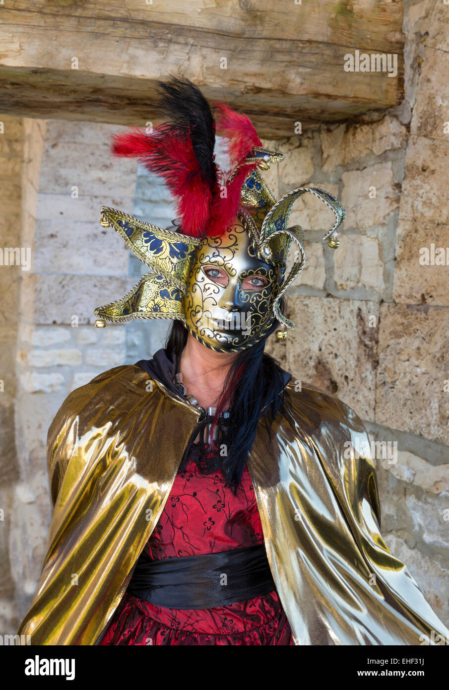 Frau mit Venezianische Maske und Kostüm, Fasching, Karneval Foto Stock