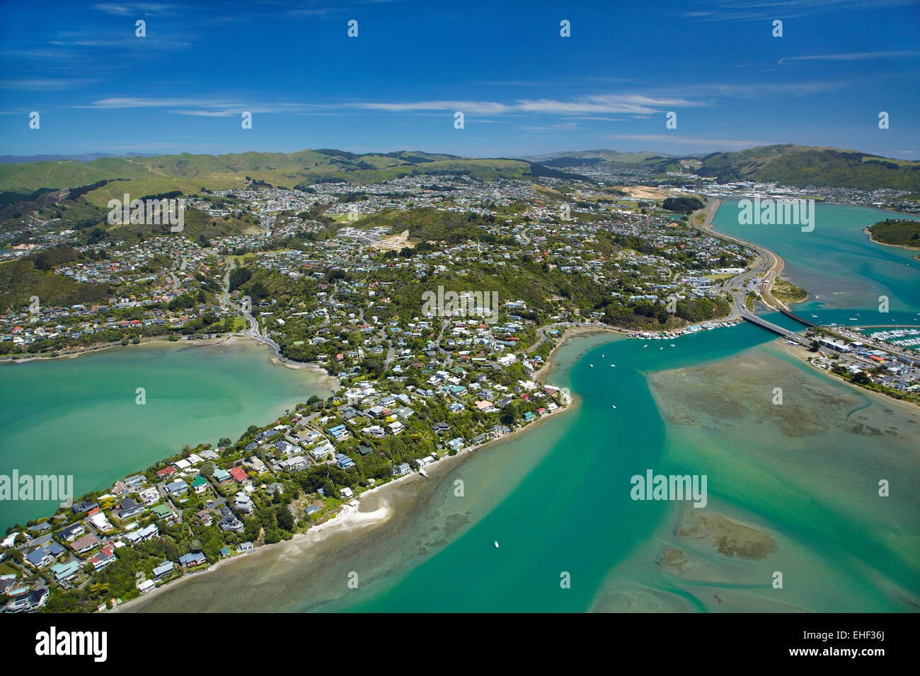 Ingresso Pauatahanui, Porirua Porto, Regione di Wellington, Isola del nord, Nuova Zelanda - aerial Foto Stock